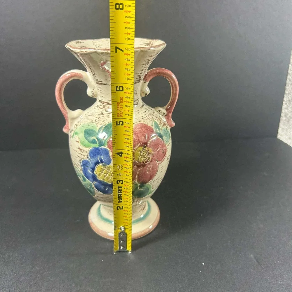Italia Vase Cream Hand Painted Floral Double Handle Amphora‎ Vintage Italy 7in